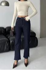 Mom Jean with Side Slits 1774-17-(27-32) Slubbed Navy Blue Mom Jean with Side Slits 1774-17-(27-32) Slubbed Navy Blue