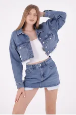 Denim Short Jacket with Revealed Pocket Liners 6016-15-(S-XL-6) Light Blue Denim Denim Short Jacket with Revealed Pocket Liners 6016-15-(S-XL-6) Light Blue Denim