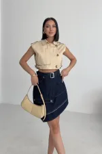 Ripped Denim Skirt with Denim Belt and Decorative Zipper 117-17-(36-42-6-2) Slubbed Navy Blue