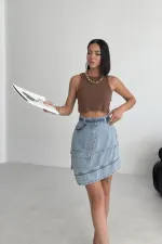 Ripped Denim Skirt with Denim Belt and Decorative Zipper 117-14-(36-42-6-2) Light Blue and Tinted