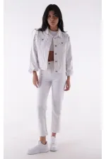 Classic Short Denim Jacket with Decorative Pieces on Shoulders 6076-50-(S-XL-6) White Classic Short Denim Jacket with Decorative Pieces on Shoulders 6076-50-(S-XL-6) White
