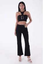 High Waist Mom Fit Jean with Flared Leg and Fringe Ending 1706-07-(24-25-6) Black