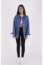 Oversize Denim Jacket with Octagonal Pocket and Stitching Detail 6069-15-(S+L+4) Light Blue Denim Oversize Denim Jacket with Octagonal Pocket and Stitching Detail 6069-15-(S+L+4) Light Blue Denim