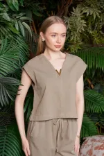 V Yaka Keten Bluz HS608-74-(S+L+4)