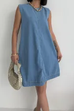 Sleeveless Oversize Denim Dress with Pocket 3043-25-(S-XL-6) Middle Blue