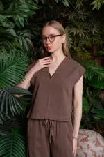 V Neck Linen Blouse HS608-78-(S+L+4) Brown