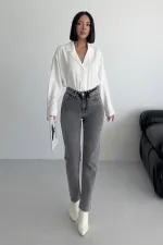 Fringe Ending High Waisted Mom Fit Jean 764-40-(26-29) ight Grey - Snow