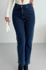 Şerit Taşlı Mom Fit Kot Pantolon 7110-26-(28-33)