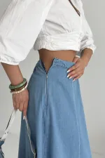 Ruffled Long Skirt with Elasticated Waist 1063-27-(36-44) Rinsed Blue