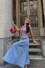 Ruffled Long Skirt with Elasticated Waist 1063-08-(36-44) Snow Light Blue