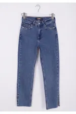 Yanı Yırtmaçlı Flare Paça Mom Kot Pantolon  1774-27-(26-31)
