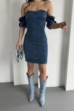 Kolları Lastikli Kısa Straplez Kot Elbise  3020-26-(S-L-5)