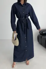 Buttoned Classic Long Denim Dress 3034-17-(S-XL) Slubbed Navy Blue