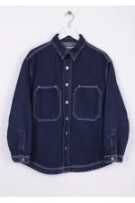 Oversize Denim Jacket with Octagonal Pocket and Stitching Detail 6069-17-(S+L+4) Slubbed Navy Blue Oversize Denim Jacket with Octagonal Pocket and Stitching Detail 6069-17-(S+L+4) Slubbed Navy Blue