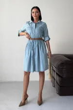 Büzgü Detaylı Kısa Kot Elbise  3040-42-(S-XL)