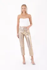 Fringe Ending High Waisted Mom Fit Jean  764-47-(26-31) Foiled Gold
