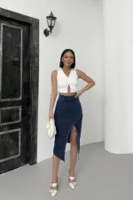 Asymmetric Medium Denim Skirt with Front Darts and Side Slit  122-26-(36-42-6-2) Regular Dark Blue
