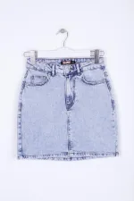 Short Length Denim Skirt with Stitched Hem 1036-08-(S-XL-6) Snow Light Blue