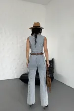 Kuplu Kolsuz Fermuarlı Kot Tulum 3013-08-(S-XL)