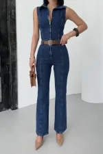 Combinaison en jean sans manches à fermeture éclair avec bonnets 3013-26-(S-XL)