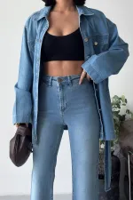 Belted Oversize Shirt 6250-15-(S-L-3) Light Blue Denim