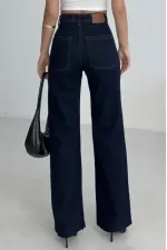 Wide Leg Palazzo Relaxed Jean with Decorative Front Pockets  1710-17-(30-36) Slubbed Navy Blue