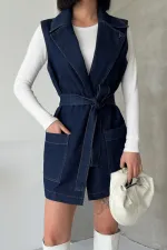 Belted and Cross Over Collar Denim Vest 6137-26-(S-XL) Regular Dark Blue