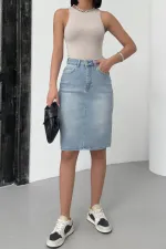 Classic Mid Length Denim Skirt  1039-15-(42-46) Light Blue Denim