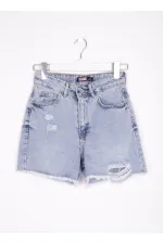Ripped Denim Short with Fringe Ending 225-08-(S-XL-6) Snow Light Blue Ripped Denim Short with Fringe Ending 225-08-(S-XL-6) Snow Light Blue