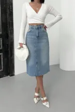 Mid Length Denim Skirt with Triangle Detail  1041-15-(XS-XL) Light Blue Denim