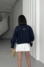 Short Denim Jacket with Pockets 6082-17-(S-XL) Slubbed Navy Blue