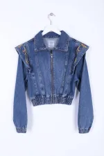 Denim Jacket with Embroidered Shoulder and Zipper Closure 1603-01-(SL-5) Denim Jacket with Embroidered Shoulder and Zipper Closure 1603-01-(SL-5)