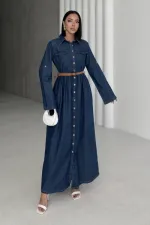 Düğmeli Uzun Kot Elbise 3041-26-(S-XL)