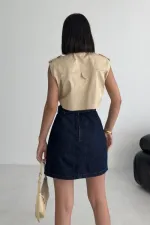 Ripped Denim Skirt with Denim Belt and Decorative Zipper 117-17-(36-42-6-2) Slubbed Navy Blue