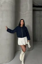 Cropped Zip-Up Jacket 6198-17-(S-L-3) Slubbed Navy Blue