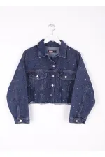 Oversize Short Denim Jacket with Stars and Rhinestones 6005-26-(S-L-5) Regular Dark Blue Oversize Short Denim Jacket with Stars and Rhinestones 6005-26-(S-L-5) Regular Dark Blue