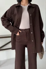 Oversize Denim Jacket with Buttons 6080-78-(S+L+3) Brown