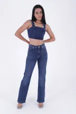 Stitched Hems Wide Leg Relaxed Jean  7026-01-(27-32) Dark Blue Denim