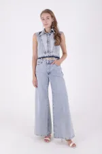 Geniş Saçaklı Paça Peçli Kot Pantolon  7041-14-(27-32)