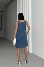 Askılı Yan Cepli Klasik Kot Elbise 334-27-(S-XXL)
