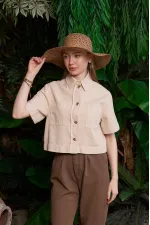 Düğmeli Kısa Kollu Keten Gömlek HS600-65-(S-XL)