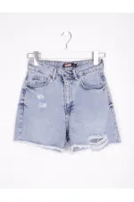 Ripped Denim Short with Fringe Ending 225-08-(S-XL-6-2) Snow Light Blue Ripped Denim Short with Fringe Ending 225-08-(S-XL-6-2) Snow Light Blue