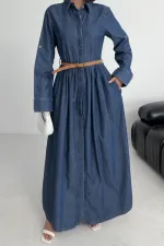 Büzgü Detaylı Uzun Kot Elbise  3048-26-(S-XL)