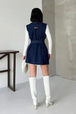 Belted and Cross Over Collar Denim Vest 6137-26-(S-XL) Regular Dark Blue