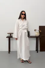 Belted Long Denim Dress 3035-51-(S-XL) Cream White