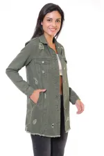 Fringe Finish Boyfriend Denim Jacket 679-67-(S-XL-6) Khaki Fringe Finish Boyfriend Denim Jacket 679-67-(S-XL-6) Khaki