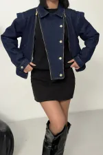 Zipper Detail Denim Jacket 6141-17-(S-L-3) Slubbed Navy Blue Zipper Detail Denim Jacket 6141-17-(S-L-3) Slubbed Navy Blue