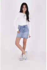Short Length Denim Skirt with Stitched Hem 1036-15-(36-44) Light Blue Denim