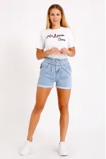 Pleated Denim Short with Denim Belt 222-42-(S-XL-6) Ice Blue - Tinted Pleated Denim Short with Denim Belt 222-42-(S-XL-6) Ice Blue - Tinted
