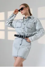 Buttoned Mini Denim Dress 3027-08-(S-L-3) Snow Light Blue